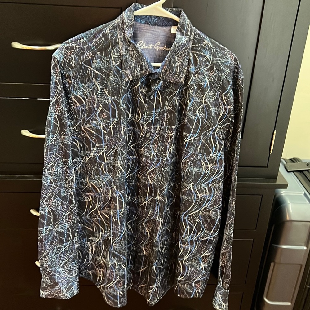 Robert Graham 2XL mens long sleeve shirt collar/ cuff design black/ blue